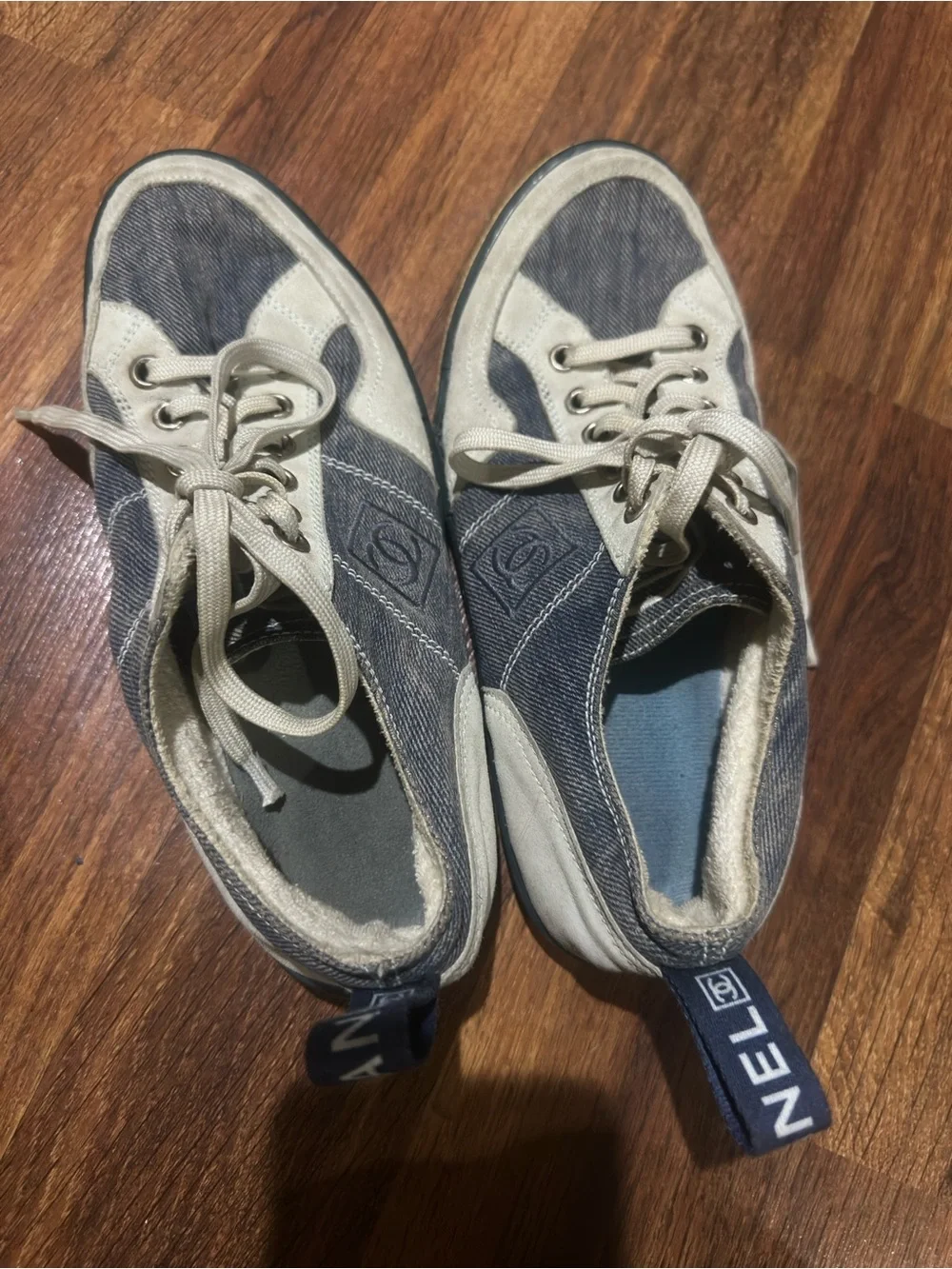 Chanel women’s shoes- Denim-Look Lace-Up Sneakers - Blue and white